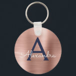 Porte-clés Monogramme en acier inoxydable bleu marine or rose<br><div class="desc">Elegant porte-clés métallisé en faux acier inoxydable bleu marine et or rose. Ces porte-clés peuvent être personnalisés avec votre initiale et votre prénom. Ces porte-clés font de superbes cadeaux d'anniversaire,  de douche de mariée ou de fête de bachelorette.</div>