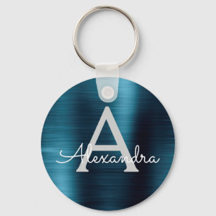 Porte-clés Monogramme en acier inoxydable faux moderne bleu