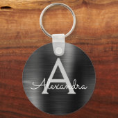 Porte-clés Monogramme en acier inoxydable faux moderne noir (Recto)