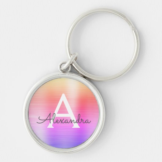 Porte-clés Monogramme en acier inoxydable faux rose et violet (Devant)