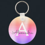Porte-clés Monogramme en acier inoxydable faux rose et violet<br><div class="desc">Chaîne de clés métallique en acier inoxydable faux ombré rose pastel,  orange et violet élégant. Ces porte-clés peuvent être personnalisés pour inclure votre initiale et votre prénom. Ces porte-clés font de superbes cadeaux d'anniversaire,  de douche de mariée ou de fête de bachelorette.</div>
