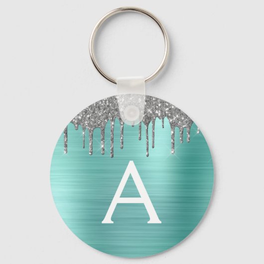 Porte-clés Monogramme en acier inoxydable paillettes sarcelle (Recto)