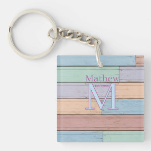 Porte-clés monogramme en bois coloré pastel rustique année d'
