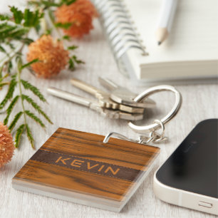 Porte-clés Monogramme En Bois D'Acajou Et Texture En Cuir