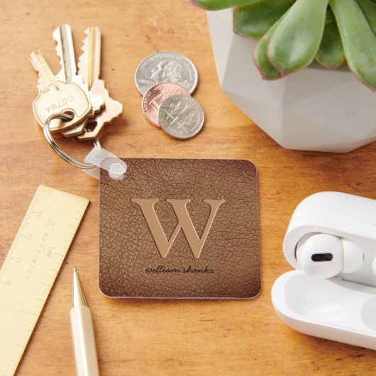 Porte-clés Monogramme en cuir marron rustique stylisé nom de (Bureau)