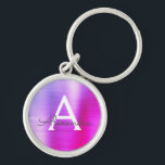 Porte-clés Monogramme en faux acier inoxydable rose et violet<br><div class="desc">Chaîne de clés élégante métallique en faux acier inoxydable ombré rose chaud et violet. Ces porte-clés peuvent être personnalisés pour inclure votre initiale et votre prénom. Ces porte-clés font de superbes cadeaux d'anniversaire,  de douche de mariée ou de fête de bachelorette.</div>