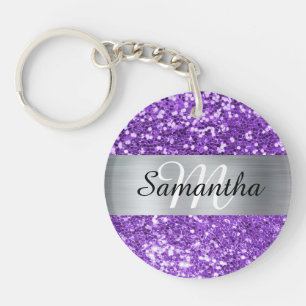 Porte-clés Monogramme en feuille d'argent pailleté violet éti