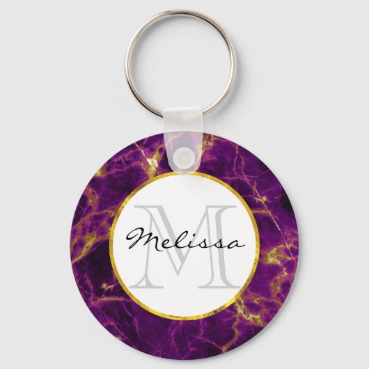 Porte-clés Monogramme en marbre Abstrait moderne violet et or (Recto)