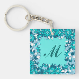 Porte-clés Monogramme encadré de fleurs - bleu et blanc