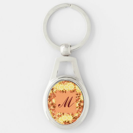 Porte-clés Monogramme encadré de fleurs - cacao et jaune (Devant)