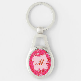 Porte-clés Monogramme encadré de fleurs - fuchsia et rose