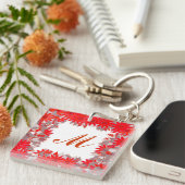 Porte-clés Monogramme encadré de fleurs - rouge et gris (Devant Droit)