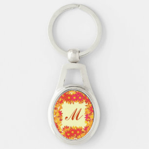 Porte-clés Monogramme encadré de fleurs - rouge et or