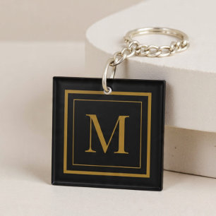 Porte-clés Monogramme encadré noir et or personnalisé
