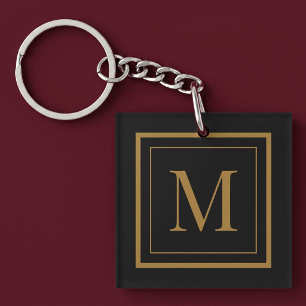 Porte-clés Monogramme encadré noir et or personnalisé