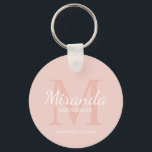 Porte-clés Monogramme et nom de la servante d'accueil personn<br><div class="desc">Cadeaux de Bridesmaids personnalisées avec le nom de la femme de bridesmaid personnalisé en style de police de script classique blanc et monogramme en style de police de serif classique rose vif comme arrière - plan avec titre et date de mariage en style de police de serif classique blanc sur...</div>