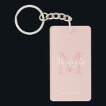 Porte-clés Monogramme et nom de la servante d'accueil personn<br><div class="desc">Cadeaux de Bridesmaids personnalisées avec le nom de la femme de bridesmaid personnalisé en style de police de script classique blanc et monogramme en style de police de serif classique rose vif comme arrière - plan avec titre et date de mariage en style de police de serif classique blanc sur...</div>
