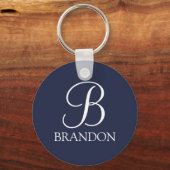 Porte-clés Monogramme et nom de script personnalisé bleu mari (Recto)