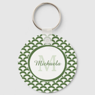 Porte-clés Monogramme et nom des pétoncles verts et blancs mo