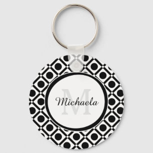 Porte-clés Monogramme et nom géométriques noirs et blancs