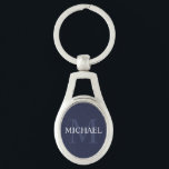 Porte-clés Monogramme et nom personnalisés bleu marine<br><div class="desc">Monogramme personnalisé et cadeau de nom caractéristiques personnalisées nom en blanc et monogramme en bleu marine clair comme arrière - plan, dans le style de police serif classique, sur arrière - plan bleu marine. Parfait comme cadeau de vacances, faveurs de réunion familiale, merci cadeau pour les groomsmen et cadeau pour...</div>