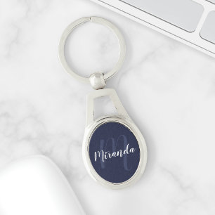 Porte-clés Monogramme et nom personnalisés de Navy Blue Scrip
