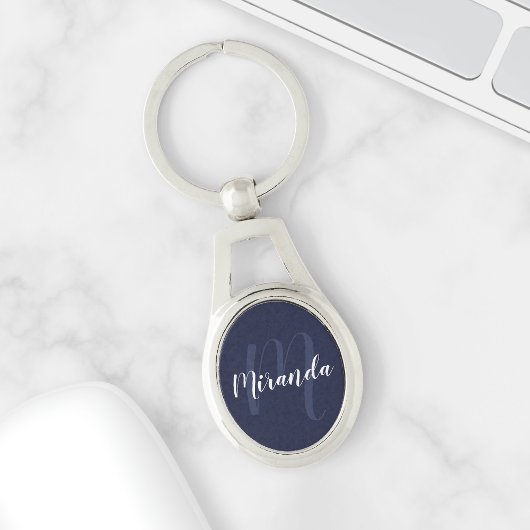 Porte-clés Monogramme et nom personnalisés de Navy Blue Scrip