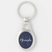 Porte-clés Monogramme et nom personnalisés de Navy Blue Scrip (Devant)