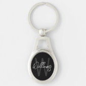 Porte-clés Monogramme et nom personnalisés de script noir (Devant)