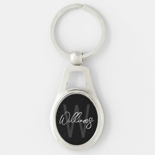 Porte-clés Monogramme et nom personnalisés de script noir (Devant)