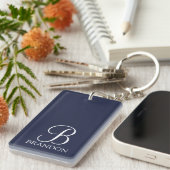 Porte-clés Monogramme et nom personnalisés en script Navy Blu (Devant droit)