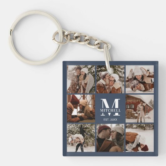 Porte-clés Monogramme Famille Photo Collage Moderne Marine bl (Devant)