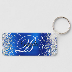 Porte-clés Monogramme fantaisie argent pailleté bleu royal