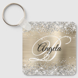 Porte-clés Monogramme fantaisie argent pailleté or feuille