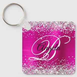 Porte-clés Monogramme fantaisie argenté pailleté rose chaud e