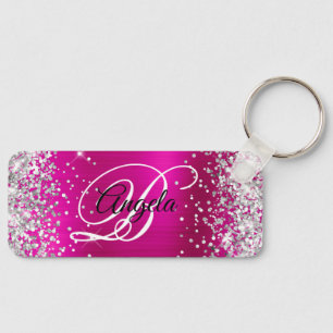 Porte-clés Monogramme fantaisie argenté pailleté rose chaud e