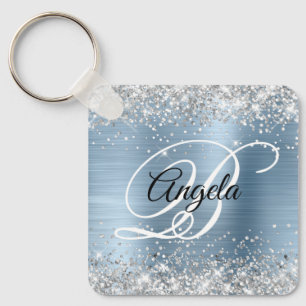 Porte-clés Monogramme fantaisie en paillettes d'argent sur fo
