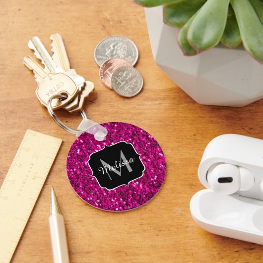 Porte-clés Monogramme faux paillettes rose chaud (Bureau)