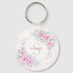 Porte-clés Monogramme Fleurs rose pâle Aquarelle Élégante