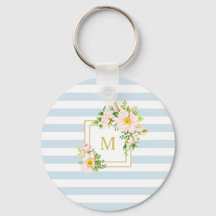 Porte-clés Monogramme Floral Chic Pastel Bleu Stripes