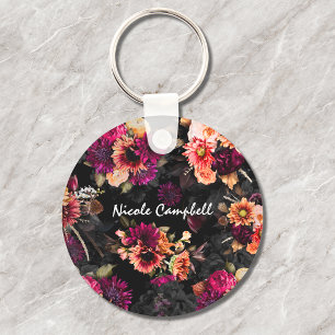 Porte-clés Monogramme floral élégant fuchsia orange