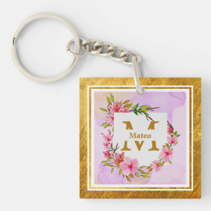 Porte-clés Monogramme floral élégant I Nom & Initiale