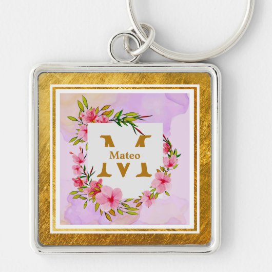 Porte-clés Monogramme floral élégant I Nom & Initiale (Devant)