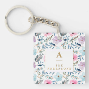 Porte-clés Monogramme floral élégant personnalisé Nom du past