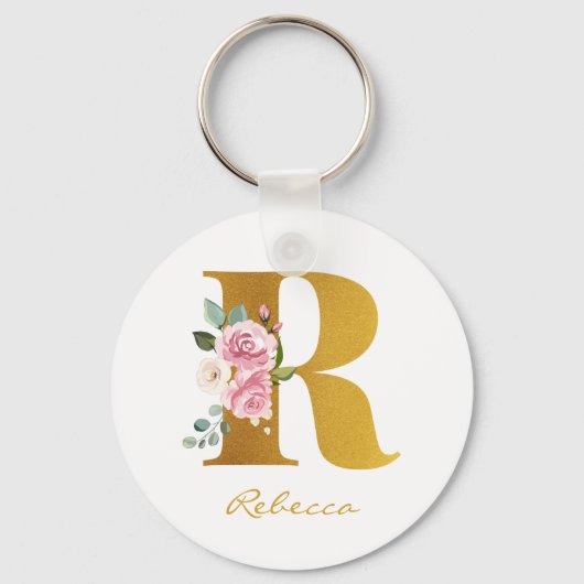 Porte-clés Monogramme floral Faux Gold Nom personnalisé (Recto)