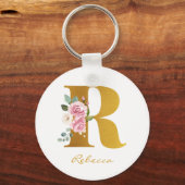 Porte-clés Monogramme floral Faux Gold Nom personnalisé (Recto)