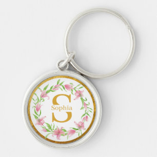 Porte-clés Monogramme floral lily rose doré aquarelle élégant