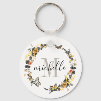 Porte-clés Monogramme floral personnalisé Chute dorée