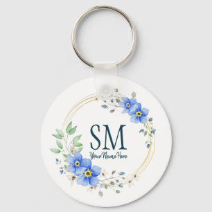 Porte-clés Monogramme floral personnalisé Fleurs bleues sauv