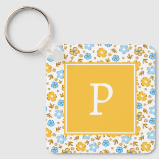 Porte-clés Monogramme Floral Printanier Jaune Bleu Rustique